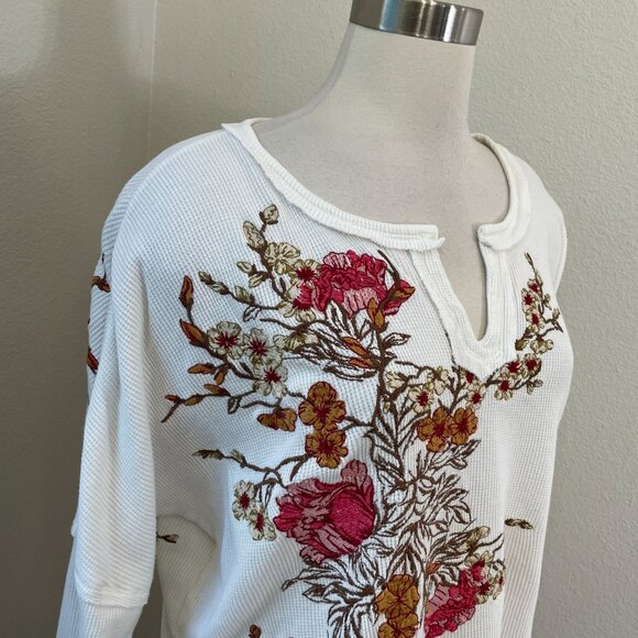 Sundance Womens Large White Floral Embroidered Waffle Knit Long Sleeve Top - Picture 2 of 9